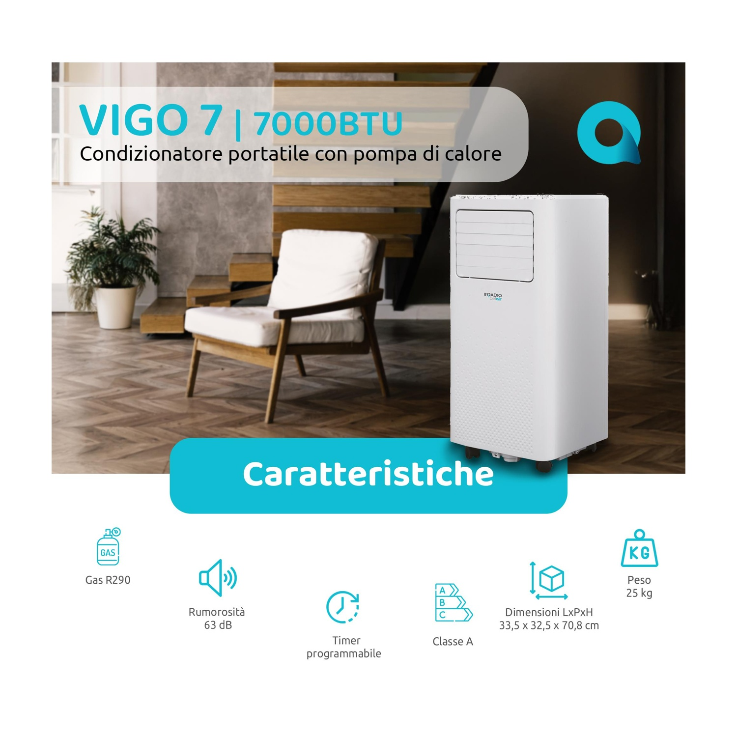 Condizionatore bianco, testo e icone su pavimento in legno.
