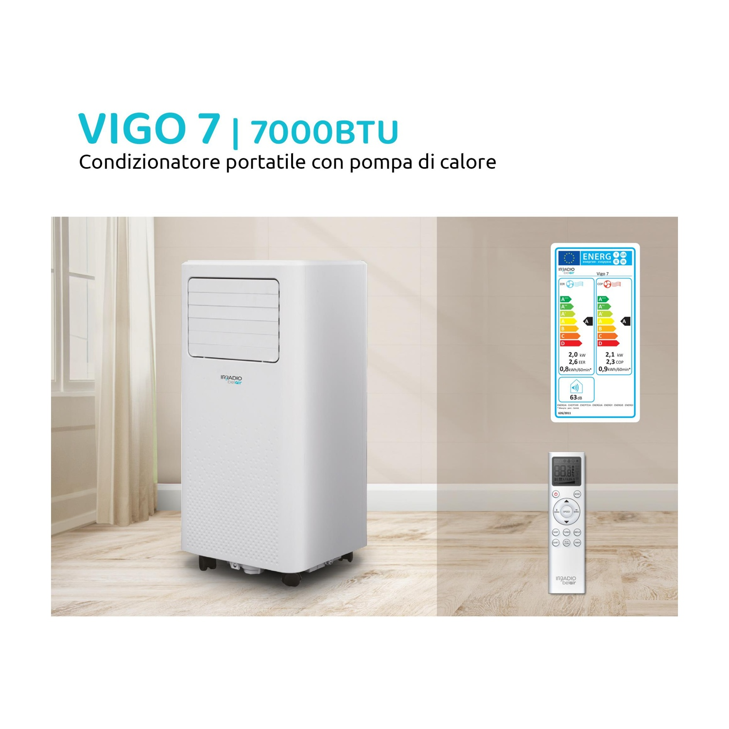 Condizionatore portatile bianco con telecomando ed etichetta energetica contro il muro.