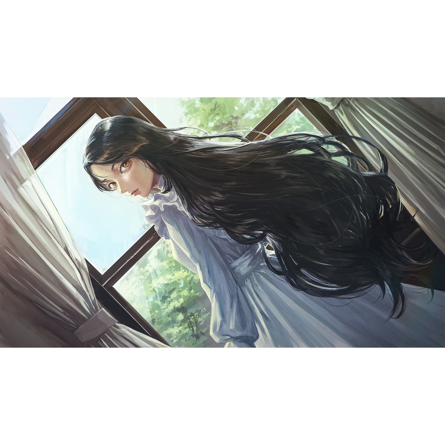 Anime-achtige illustratie van een vrouw die uit een raam kijkt. Lang zwart haar, witte jurk en zonnige lucht.