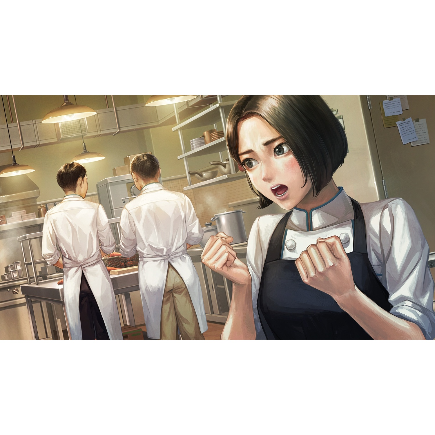 Anime-achtige afbeelding van een chef die verrast reageert in een keuken.