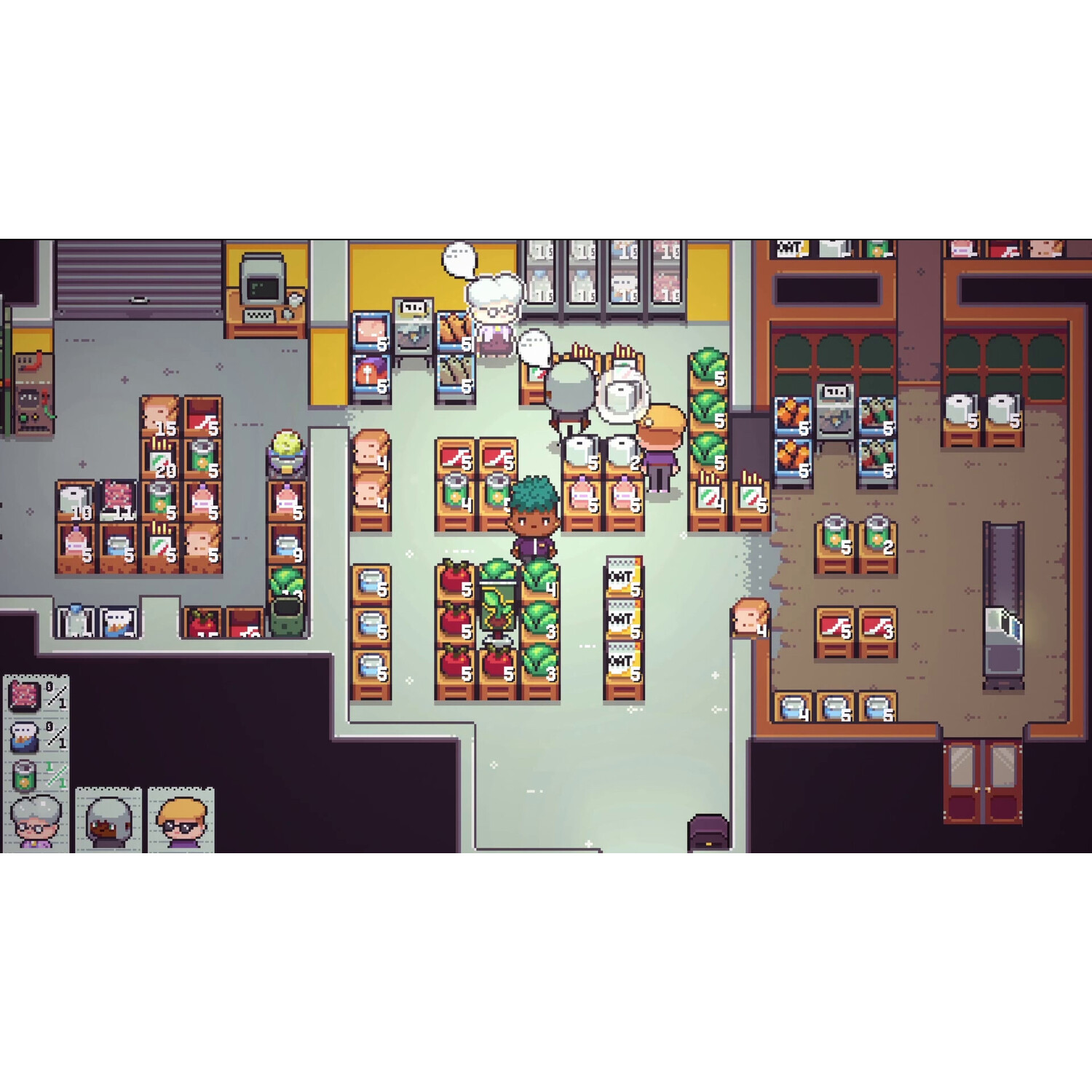 Pixelated game scene of a store with various items and customers, top-down view.