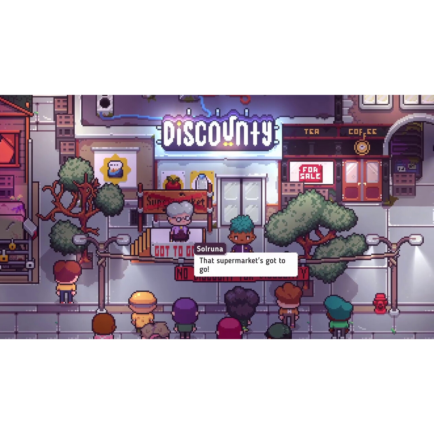 Pixelated game scene of a supermarket with people, trees, and a sign that says 'discount'.