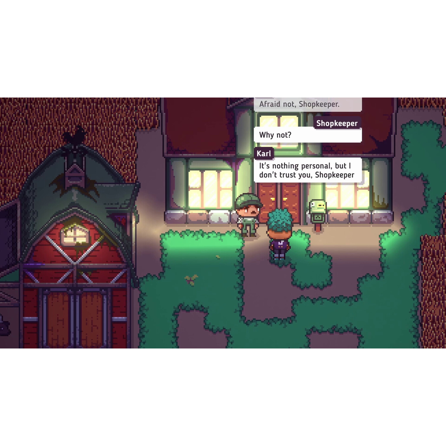 A game scene of two characters, a building, and text bubbles.