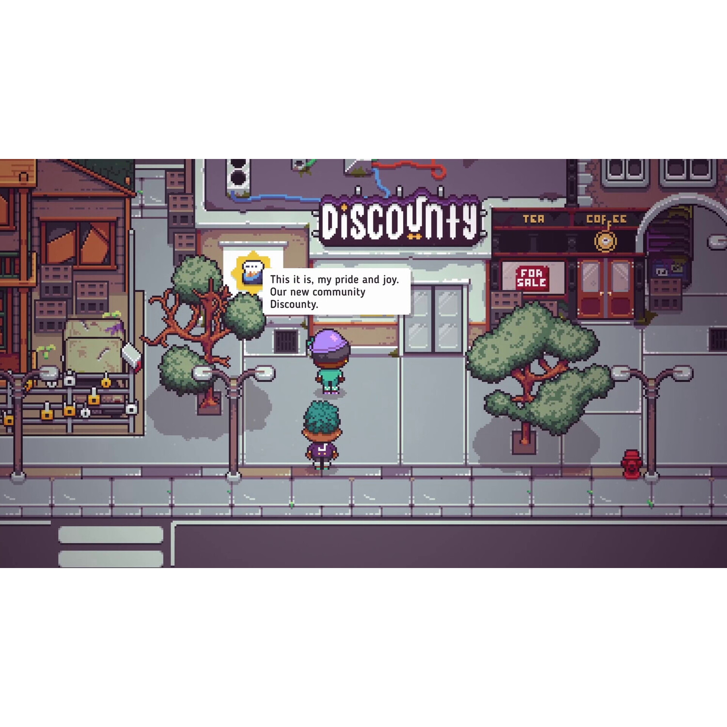 Pixelated game scene with storefronts, trees, and two characters in a town.