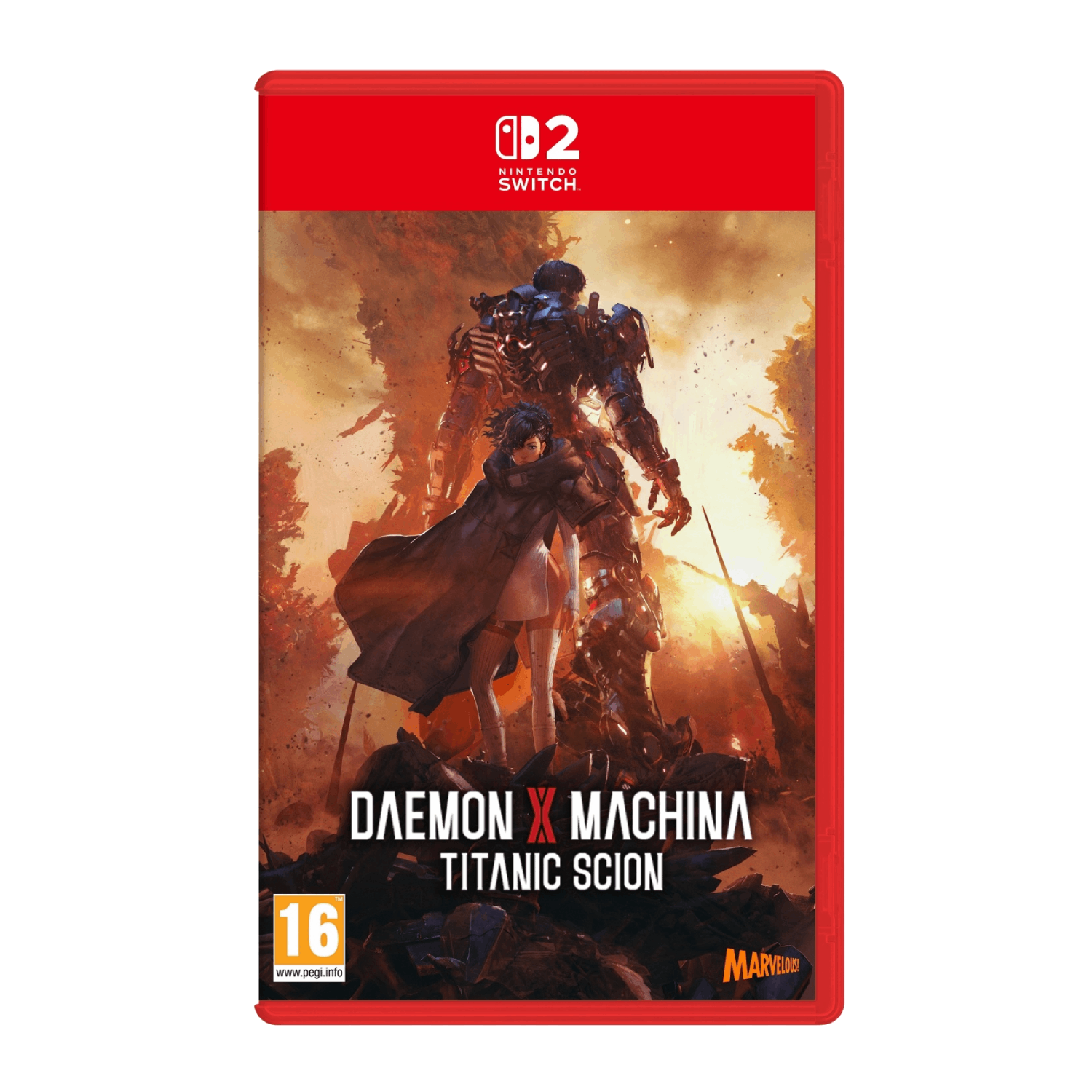 Boîte de jeu Nintendo Switch. Couverture du jeu Daemon X Machina avec un mécha et un personnage.