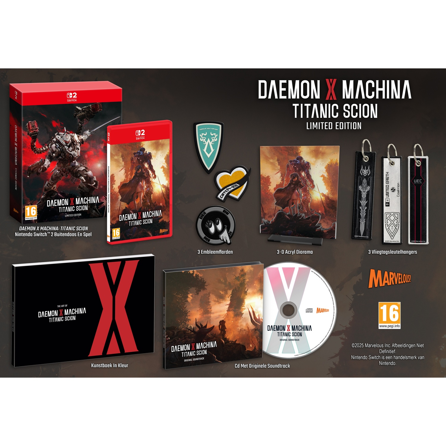 Een verzameling items van het spel Daemon x Machina. Dozen, een cd en beeldjes zijn zichtbaar.