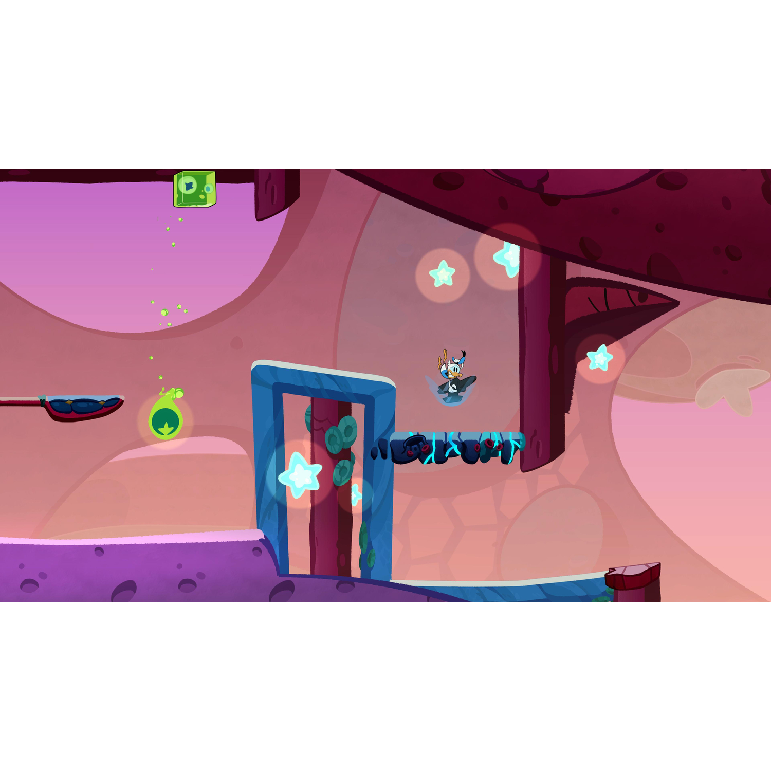 Scène de jeu de dessin animé avec un personnage volant, des étoiles et des orbes verts dans un environnement rose-violet.