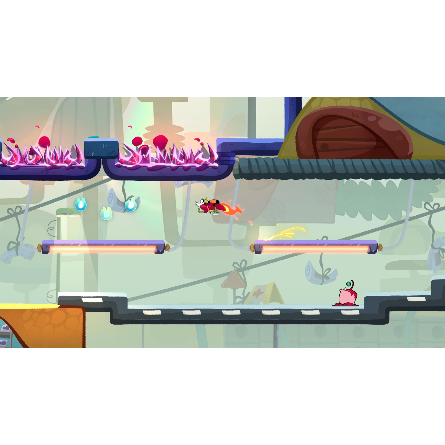 Un écran de jeu de style cartoon avec un personnage qui court. Le fond est coloré et animé.