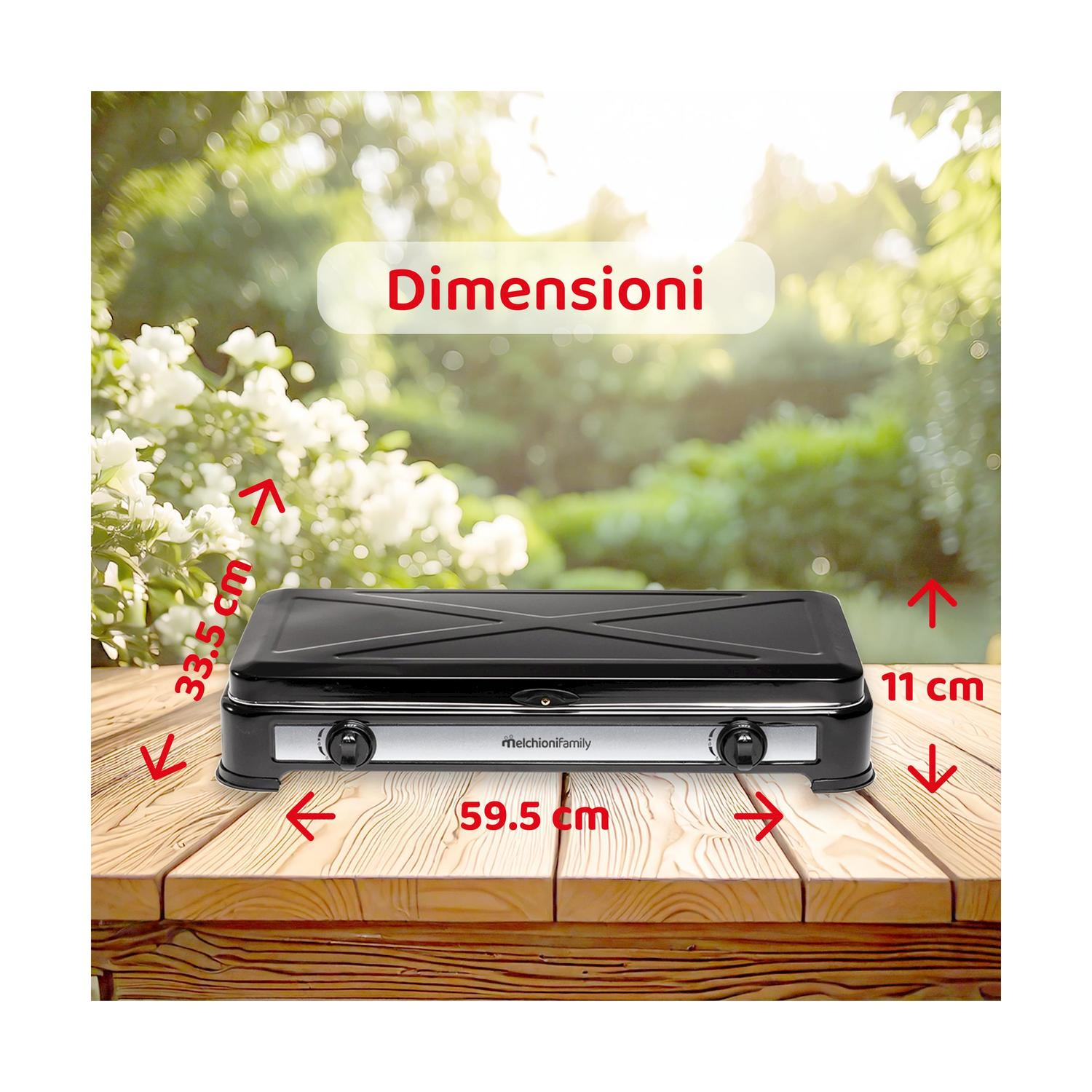 Fornello a gas da esterno con dimensioni mostrate.