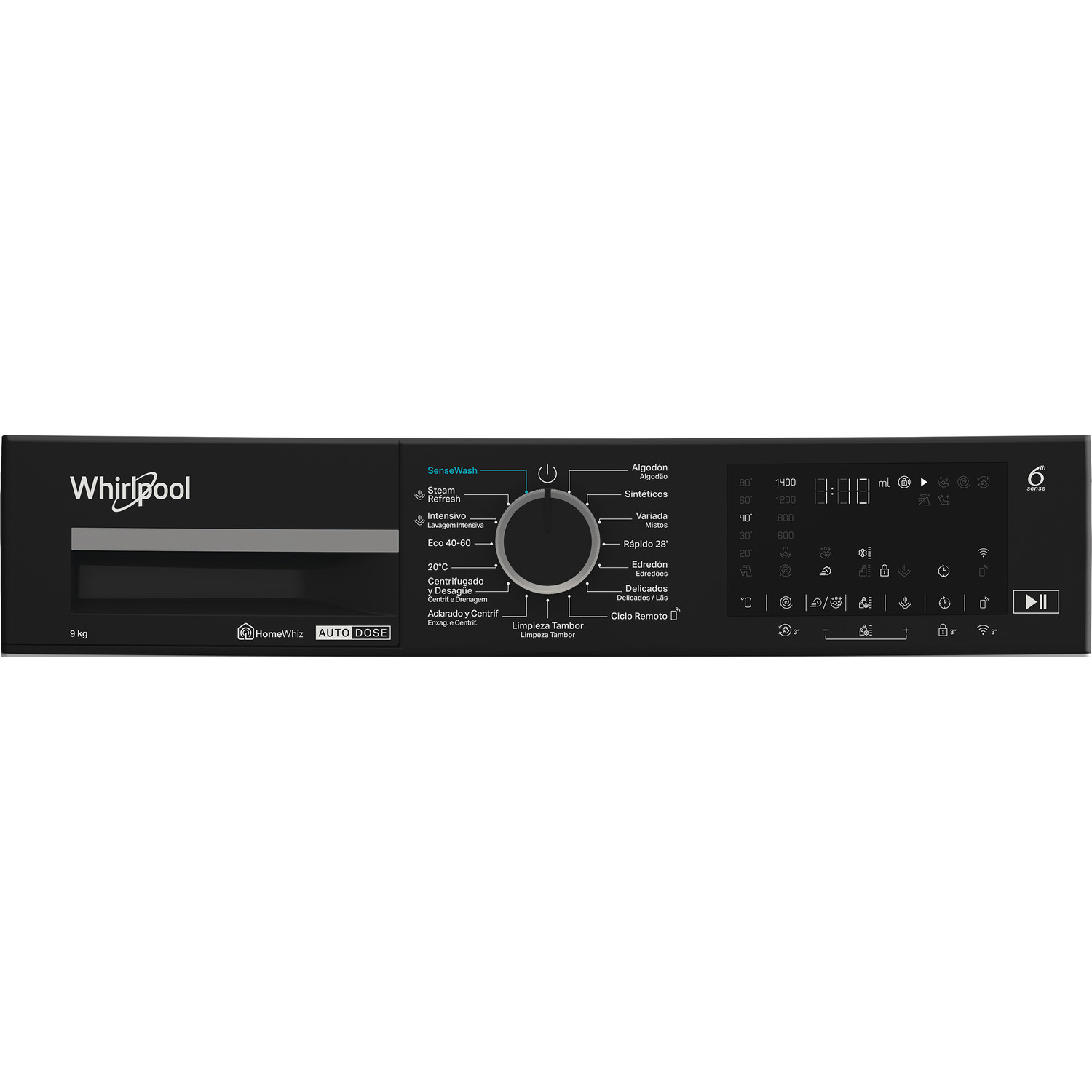 Panel de control de lavadora, negro con botones y un dial central.