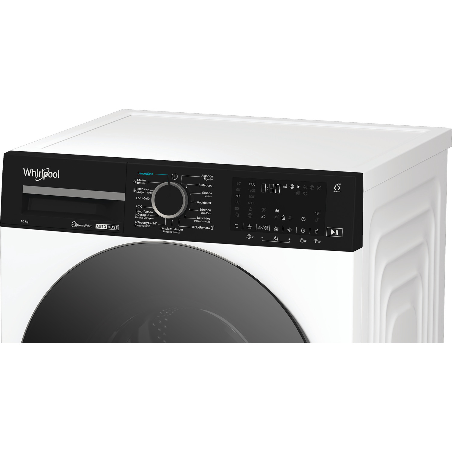 Panel de control de lavadora Whirlpool blanco, mostrando varios ajustes.
