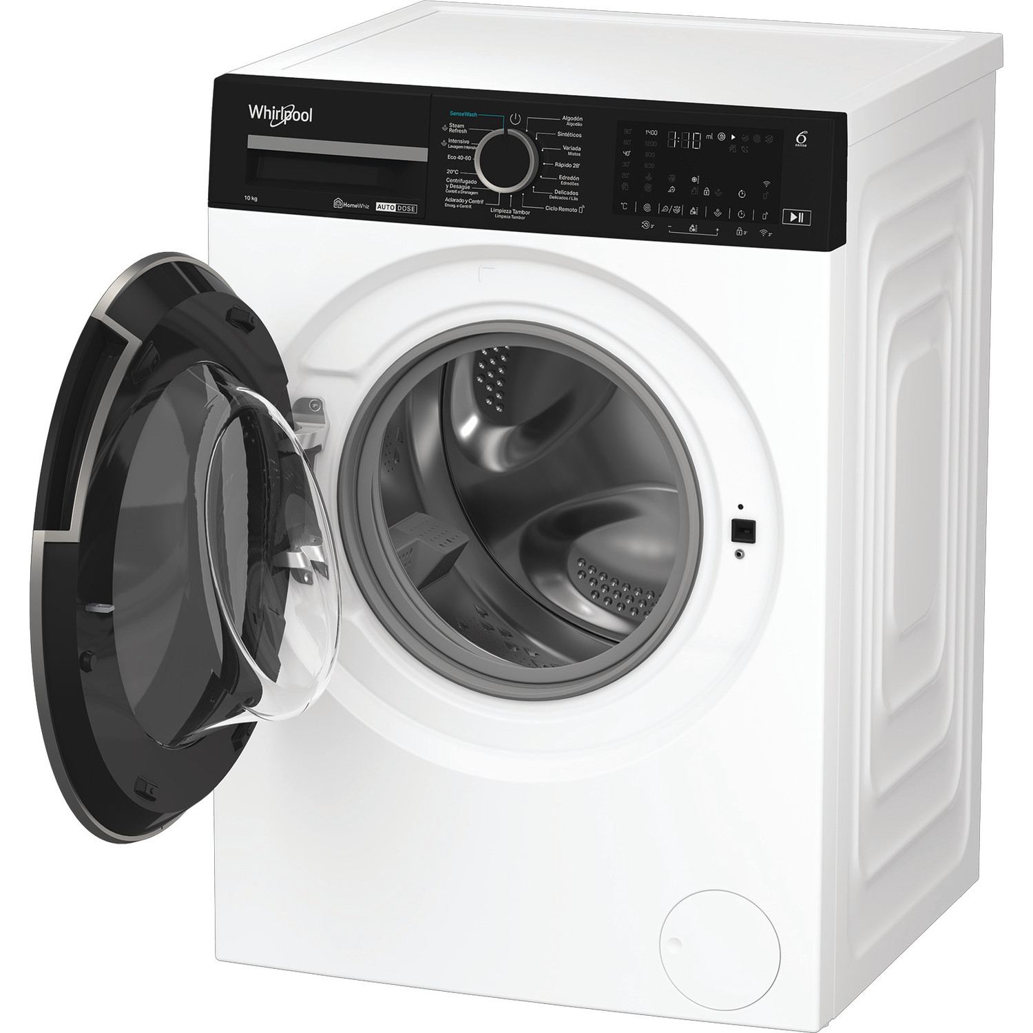 Una lavadora Whirlpool blanca con la puerta abierta. El panel de control está en la parte superior.