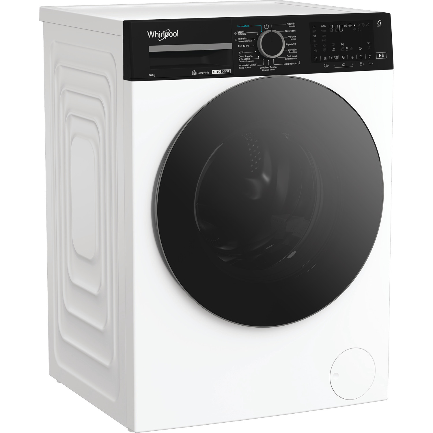 Lavadora blanca con puerta negra y panel de control. Está sobre un fondo blanco.