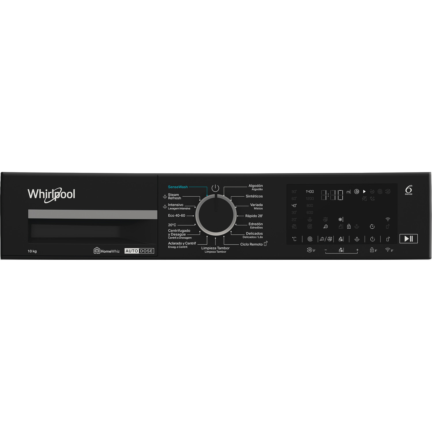 Panel de control de lavadora negro con varios botones, un dial y una pantalla digital.
