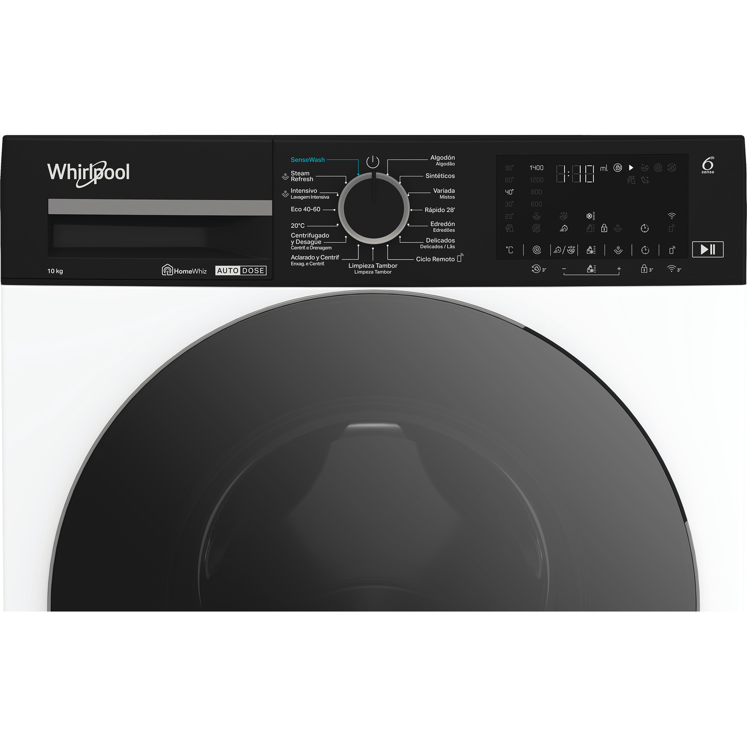 Panel de control de lavadora, negro con dial y ajustes. Superficie blanca.