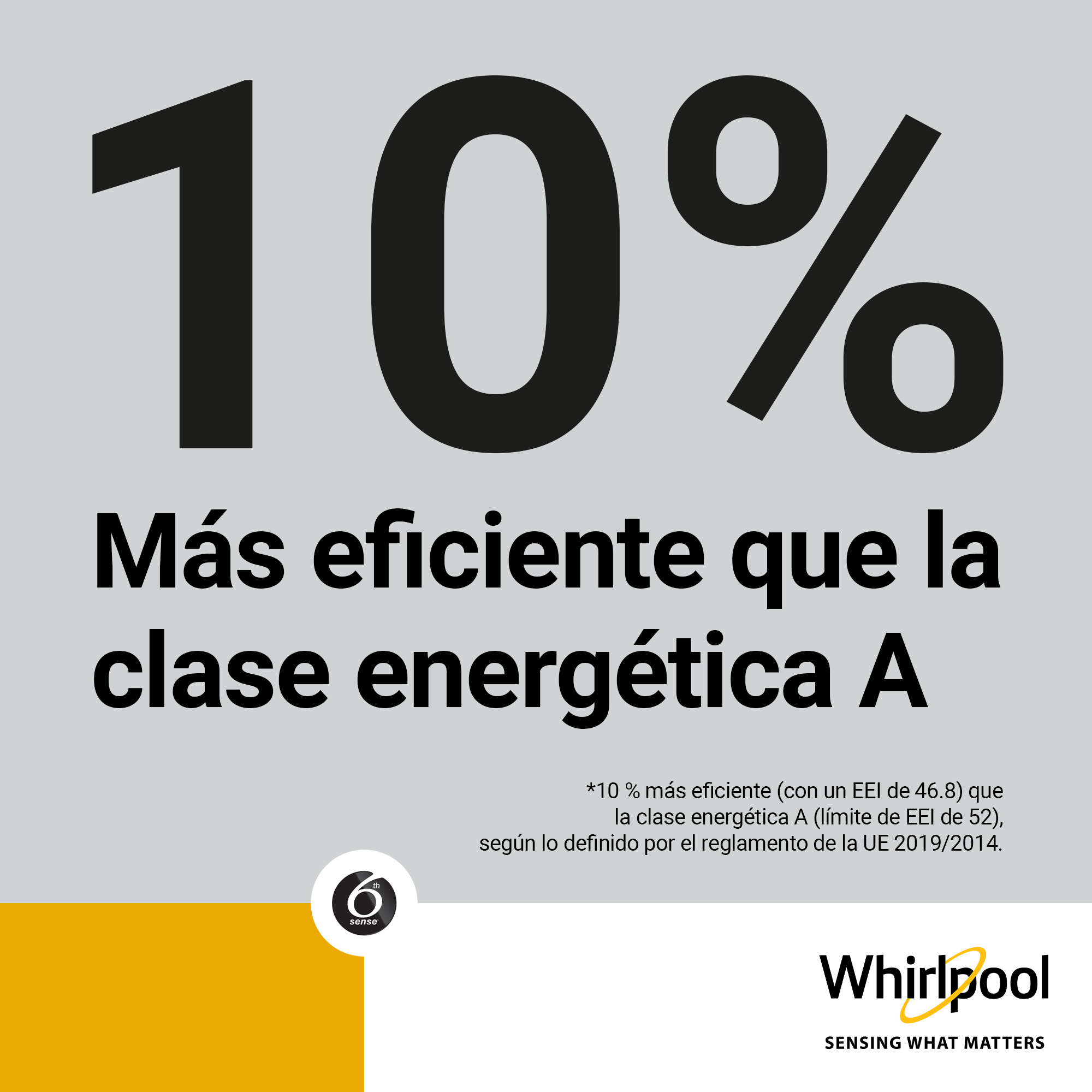 Texto que dice 10% más eficiente que la clase energética A. Logotipo de Whirlpool.