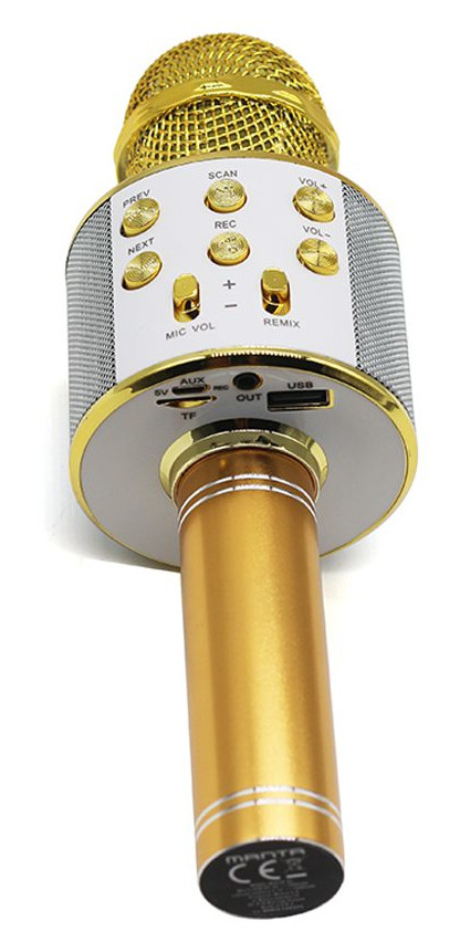 Złoty i srebrny mikrofon z przyciskami sterującymi na białym tle.