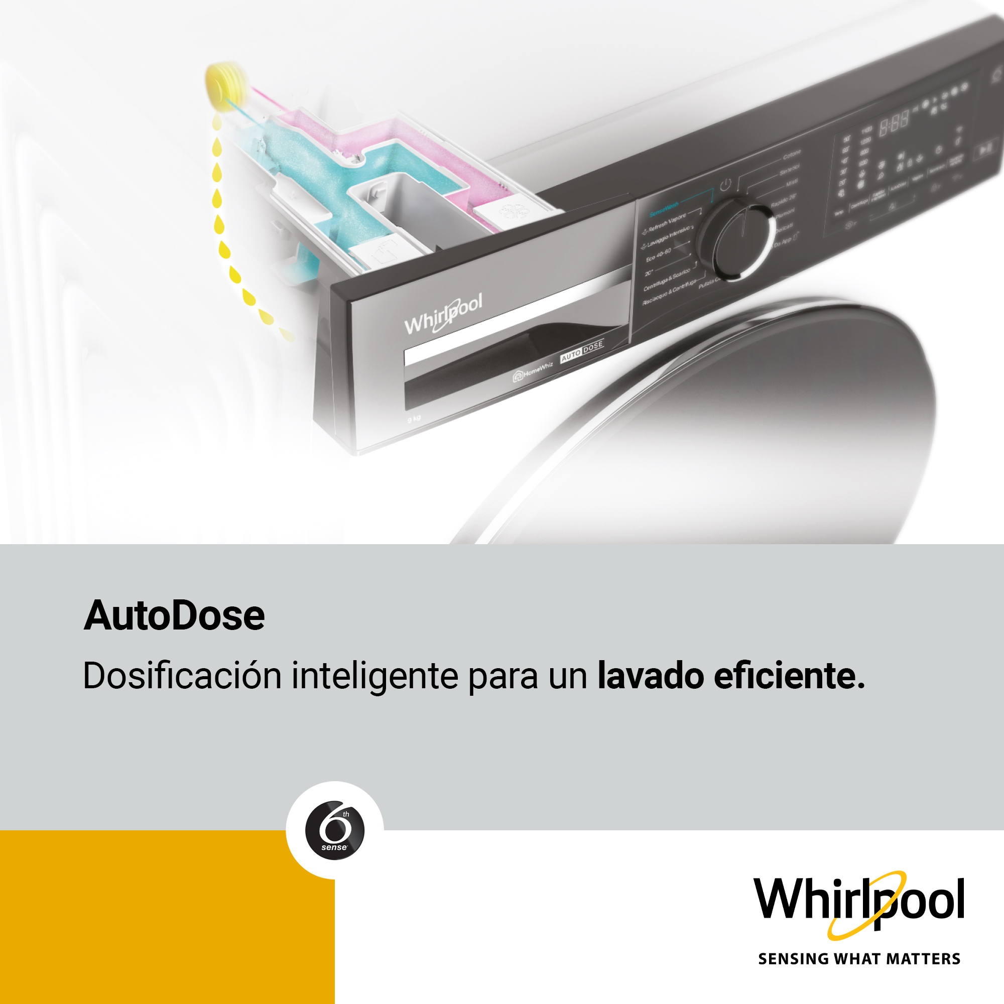 Se destaca una lavadora con la función AutoDose, con la entrada de jabón.
