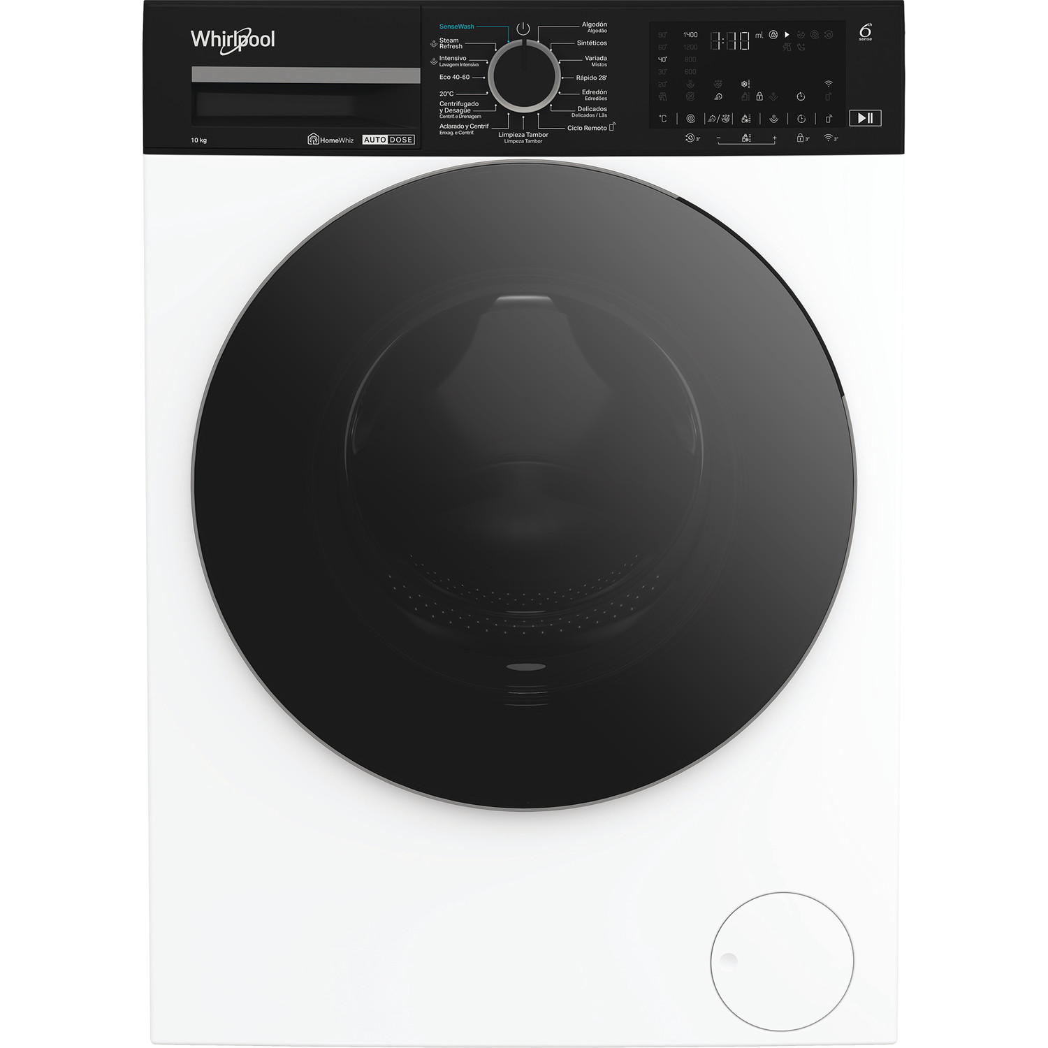 Panel de control de lavadora, negro con dial y ajustes, en una máquina blanca, vista superior.