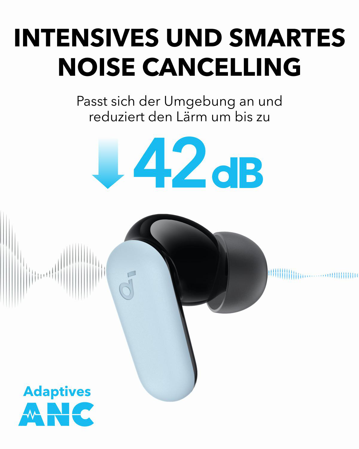 Weiße und schwarze Ohrhörer mit Text über Geräuschunterdrückung und einem blauen Pfeil, der auf 42 dB zeigt.