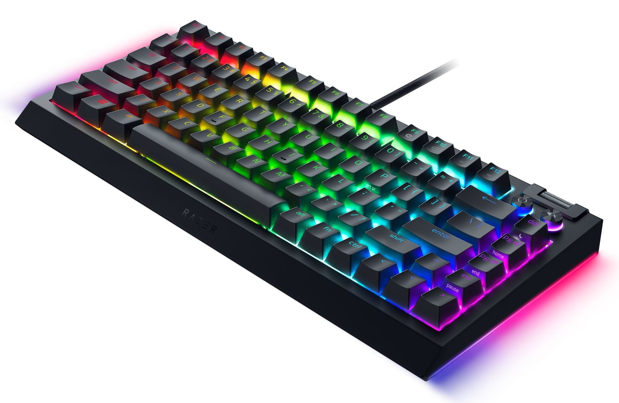 Czarna klawiatura do gier z tęczowym podświetleniem. Logo Razer na dole.