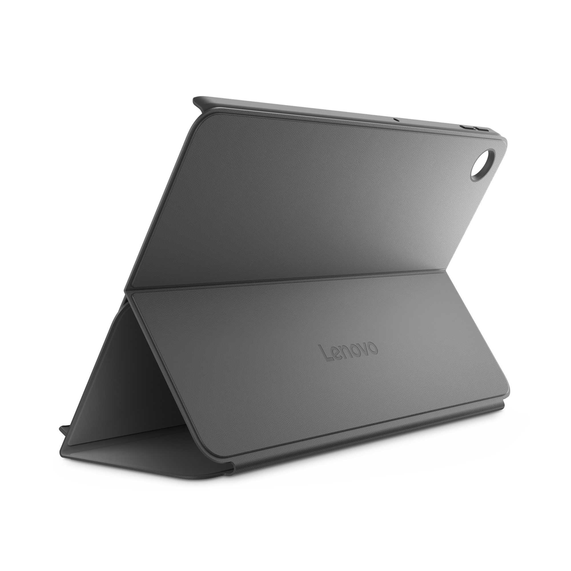 Una funda gris para tableta en posición abierta y en ángulo. El logotipo de Lenovo es visible.