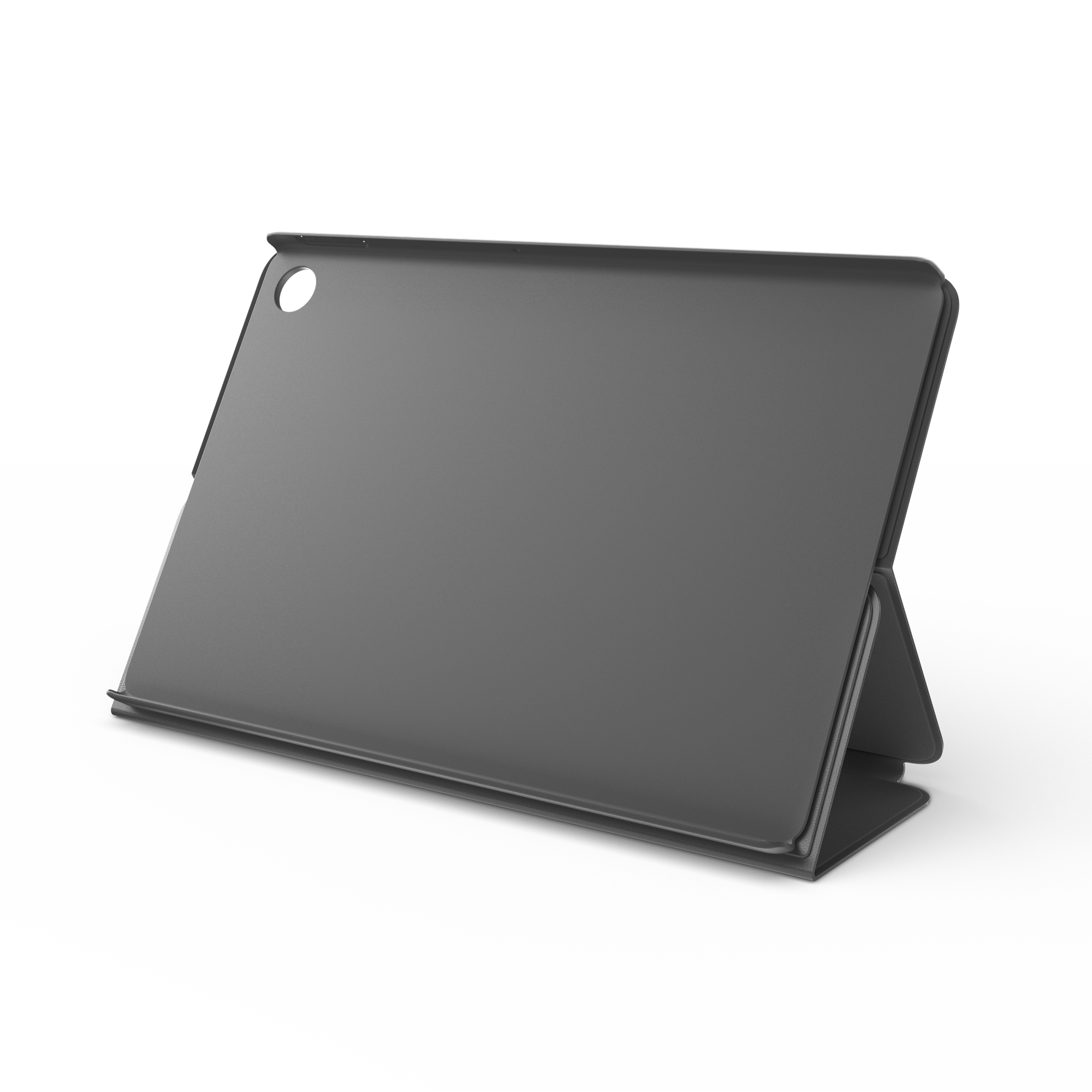 Una funda negra para tableta está de pie. La funda tiene un agujero para la cámara.