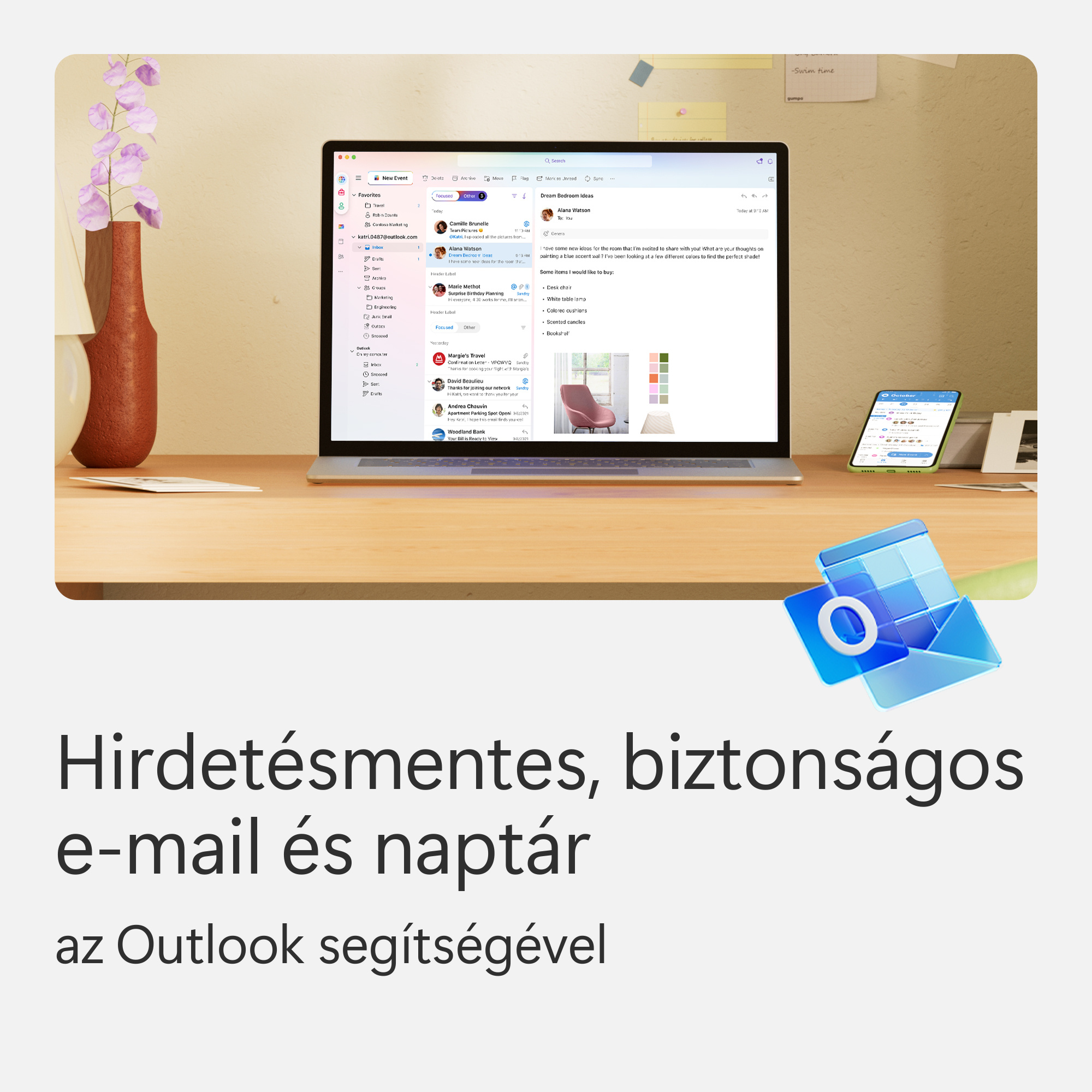 Egy laptop és egy tablet egy asztalon email felületet jelenít meg.