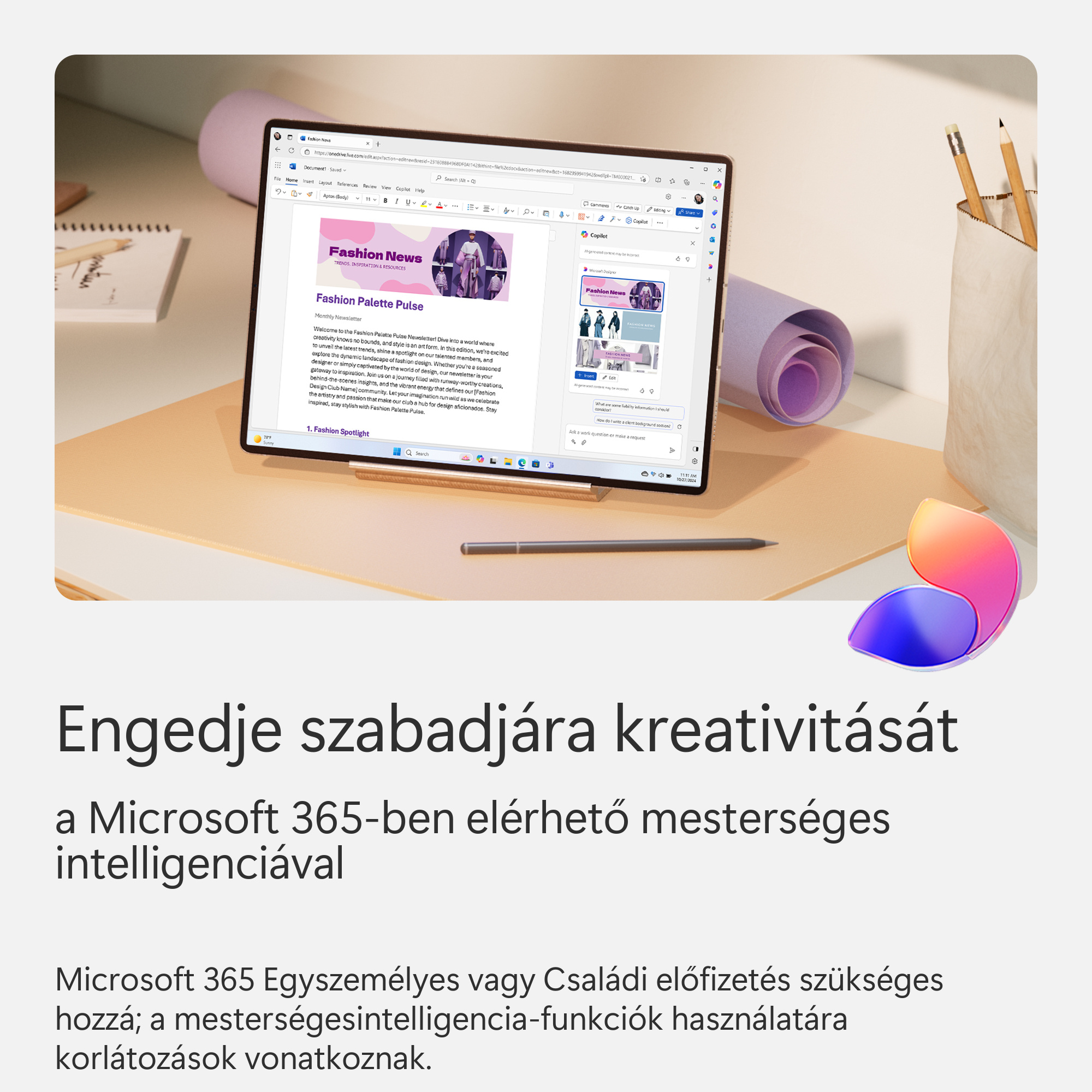 Egy állványon lévő táblagép divathírekkel kapcsolatos weboldalt jelenít meg, további írószerekkel.