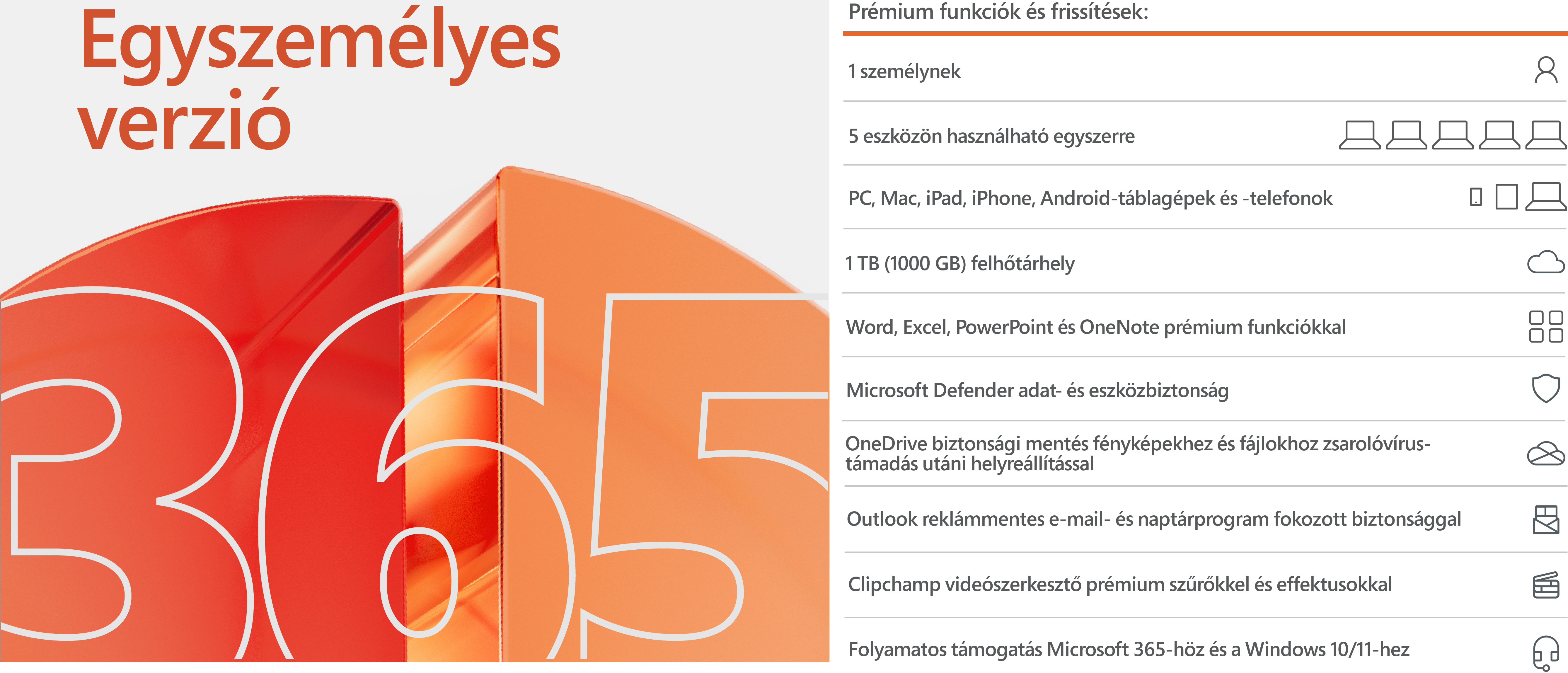 Egy Microsoft 365 reklám szöveggel és ikonokkal fehér és narancssárga háttérrel.