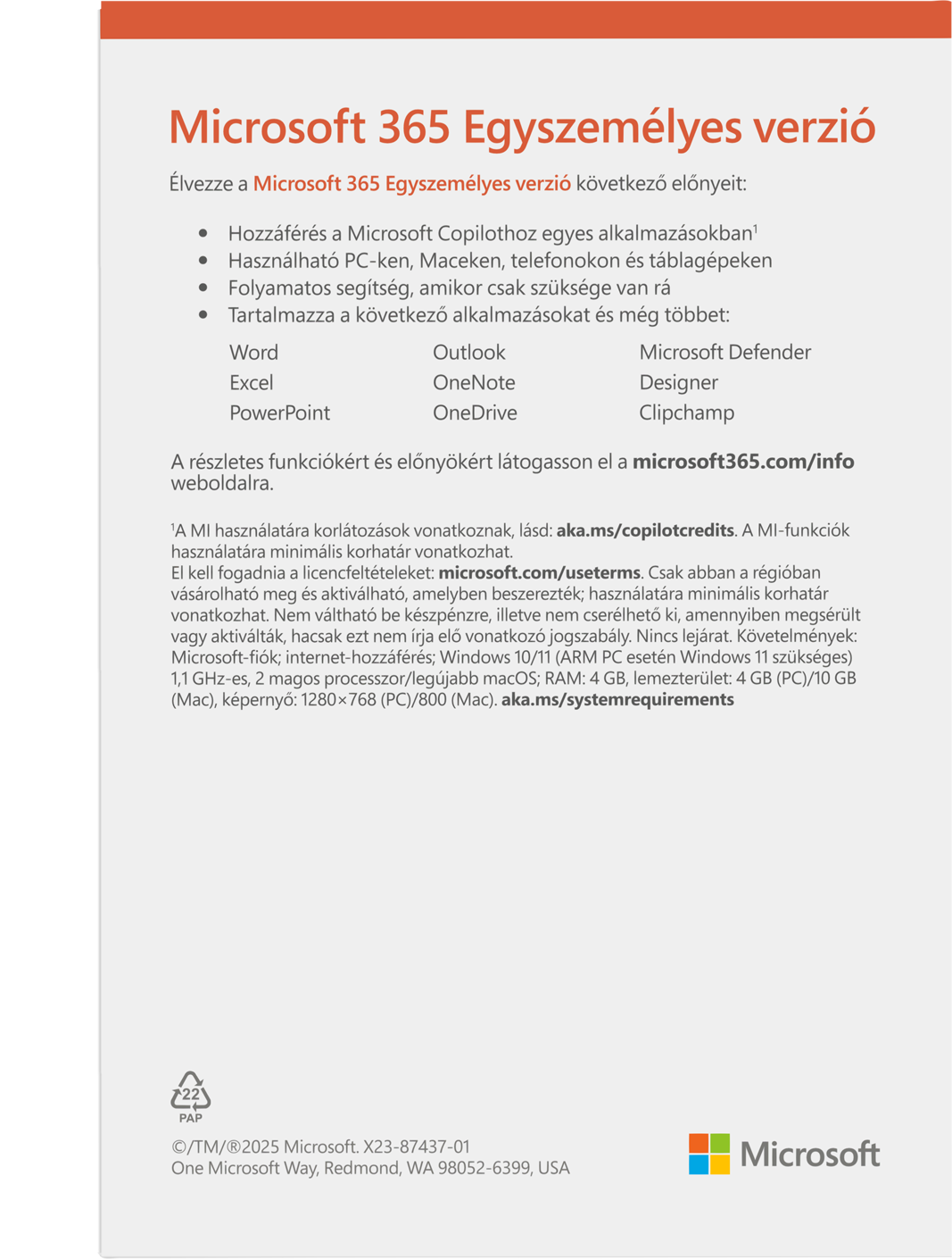 Egy dokumentum a Microsoft 365 funkcióival, logójával és jogi információkkal.