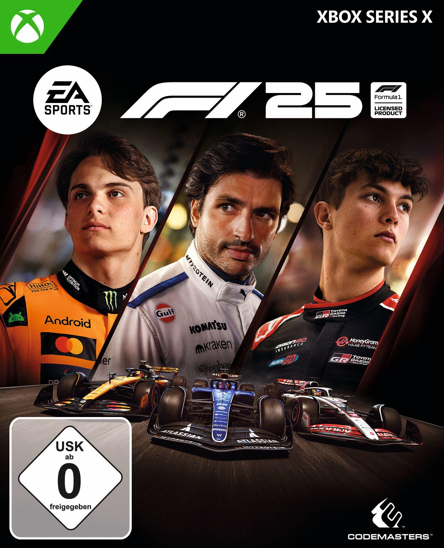 F1 25 Spielcover mit drei Fahrern und Rennwagen. Xbox Series X Logo.