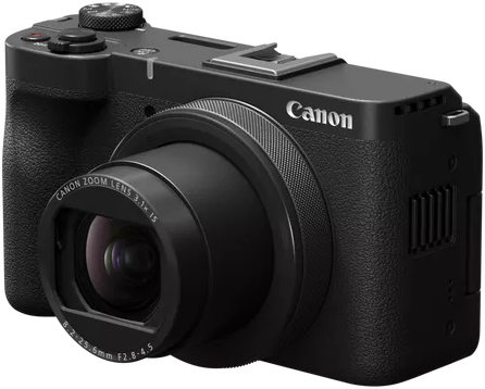 Fekete Canon kamera, szögben, lencsével és látható Canon logóval.