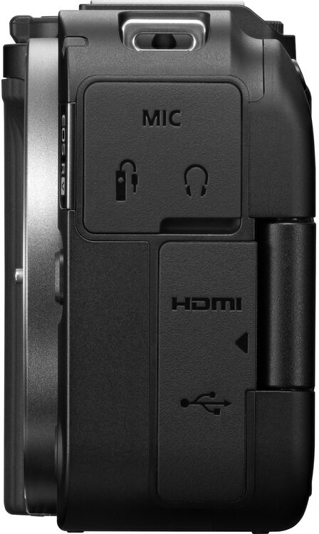 A kamera oldalsó nézete a következő portokkal: MIC, fejhallgató, HDMI és USB. Fekete-ezüst színséma.