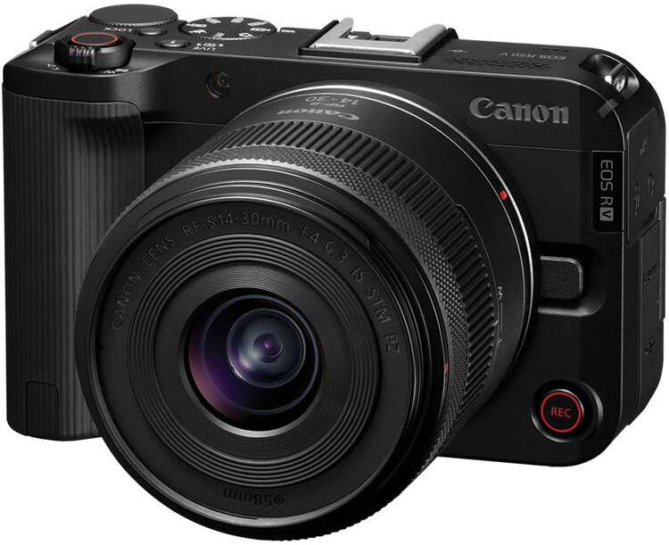 Egy fekete Canon EOS fényképezőgép, objektívvel, közelképben.