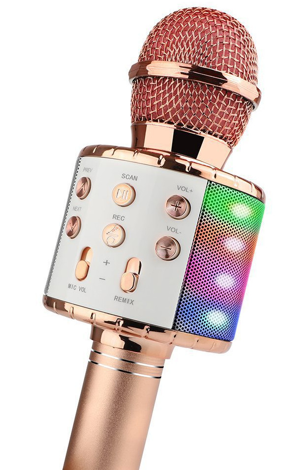 Różowe złoto mikrofon do karaoke z przyciskami i kolorowym głośnikiem.