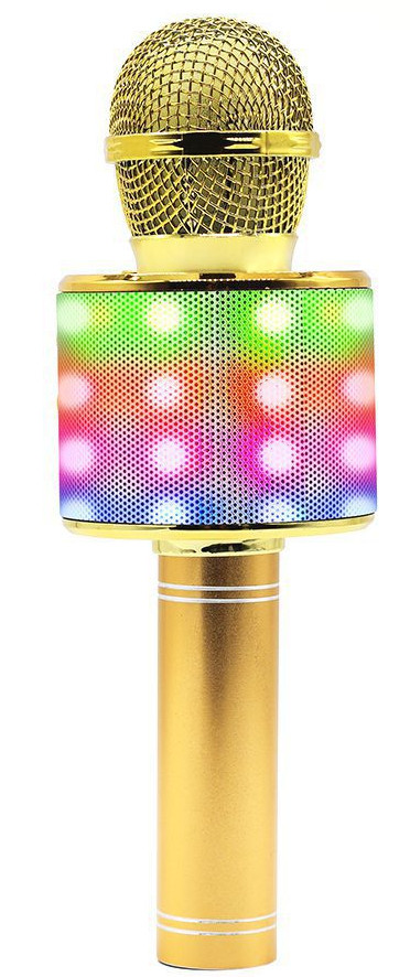 Złoty mikrofon z siatkową głowicą i wielokolorowym wyświetlaczem świetlnym.