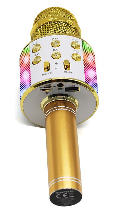 Złoty i biały mikrofon do karaoke z przyciskami sterowania i kolorowymi światłami LED.