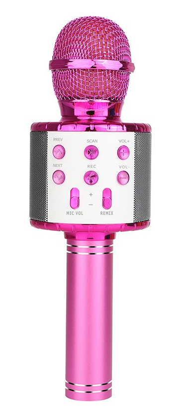 Różowy mikrofon stoi wyprostowany. Ma przyciski do różnych funkcji.