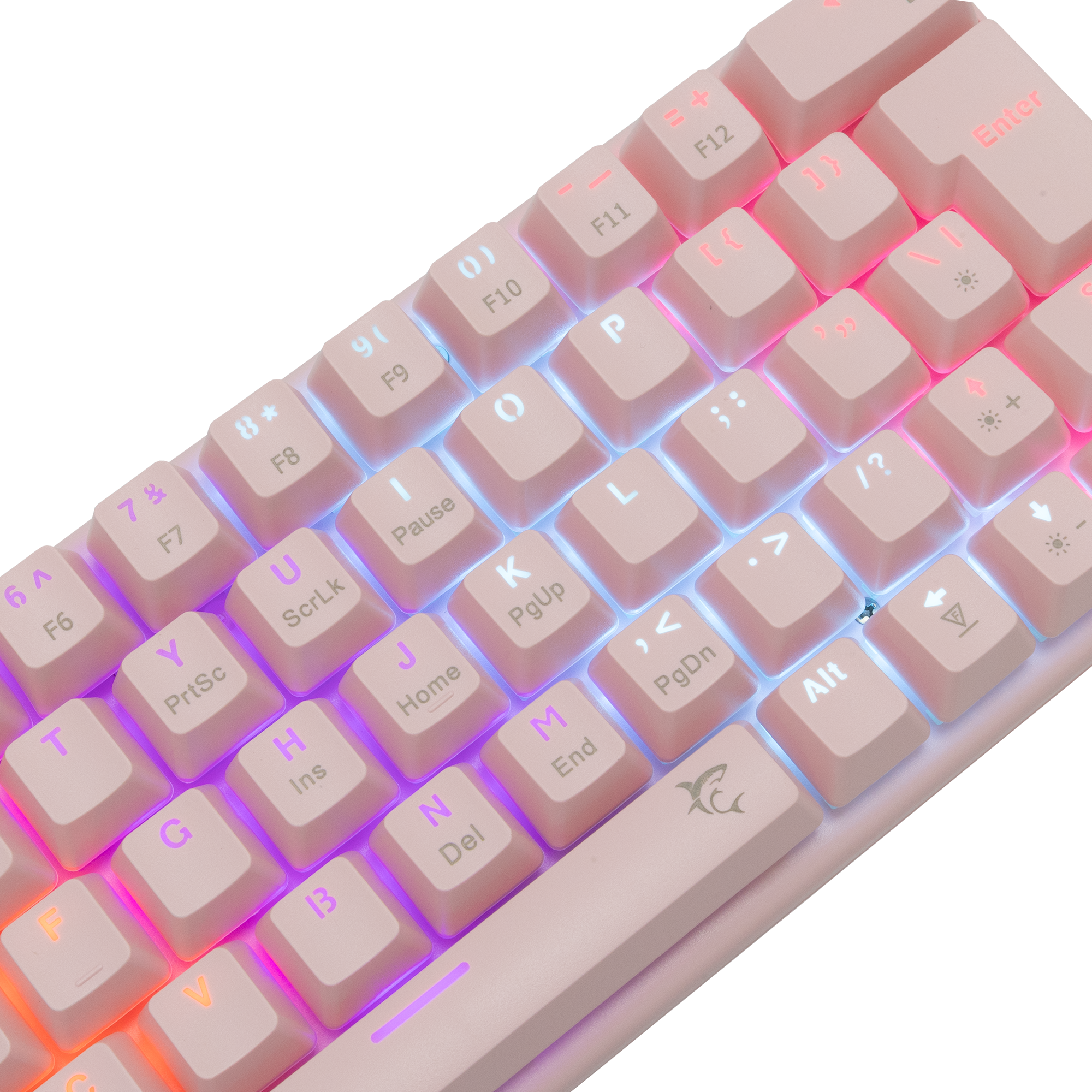 Egy rózsaszín mechanikus billentyűzet közeli képe, RGB-vel megvilágított gombokkal.