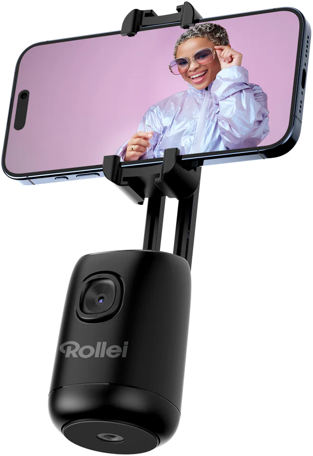 Ein schwarzer Hand-Telefon-Stabilisator mit einem Foto auf dem Telefon.