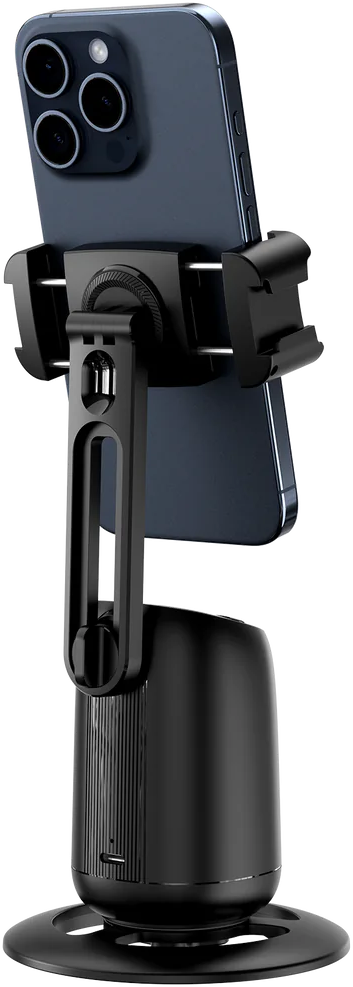 Schwarzer Telefonhalter mit befestigtem Telefon auf weißem Hintergrund.