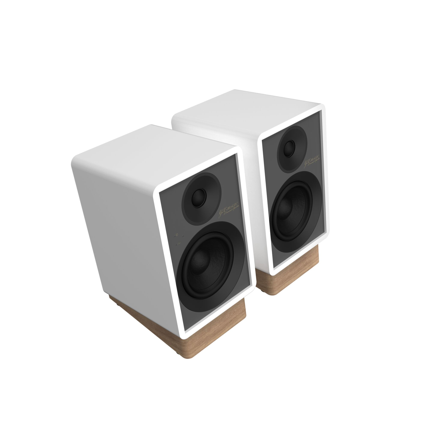 Twee witte speakers op houten standaards. Zwarte voorkant.