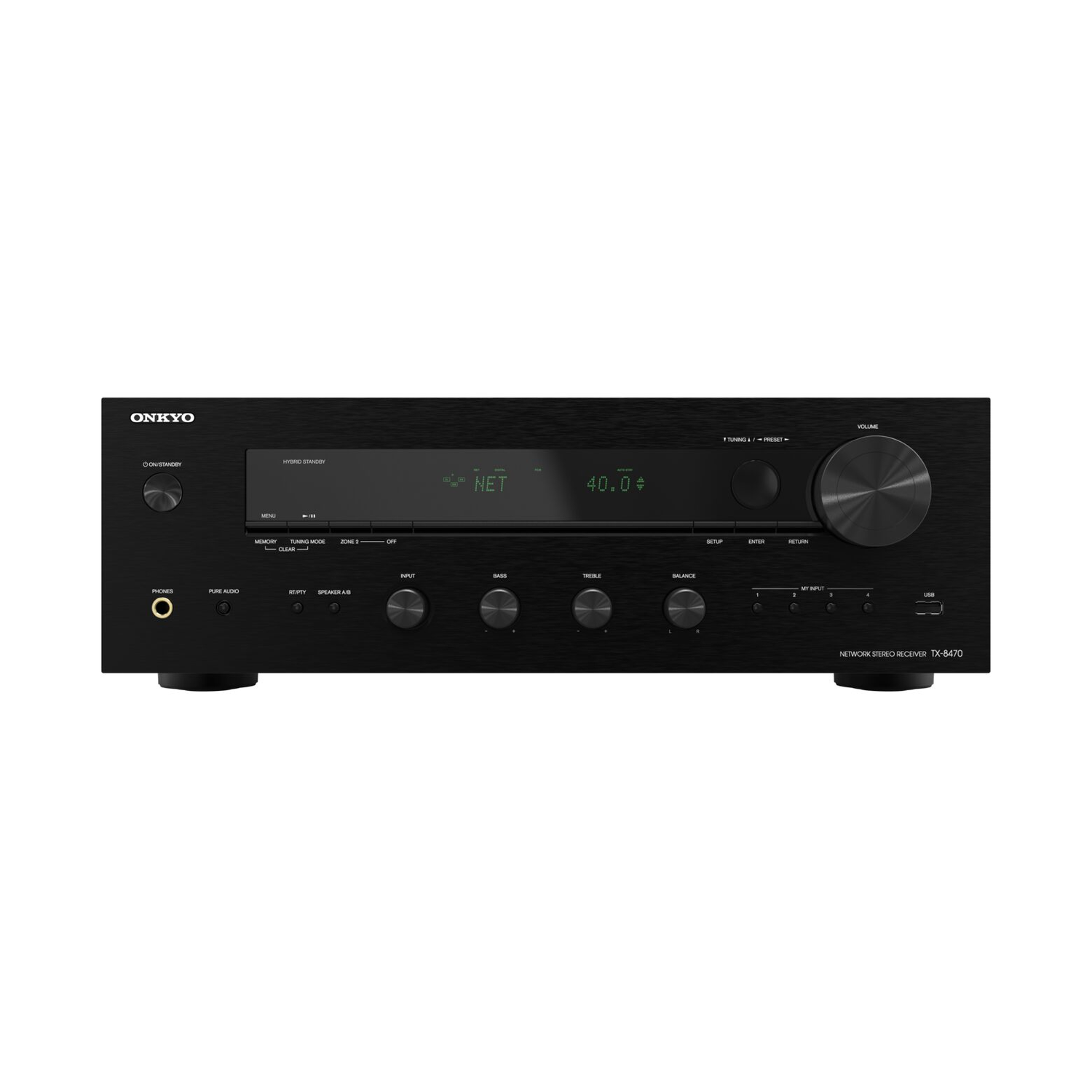 Black ONKYO stereo receiver with a display showing the NET. It has knobs, buttons, and a power button.