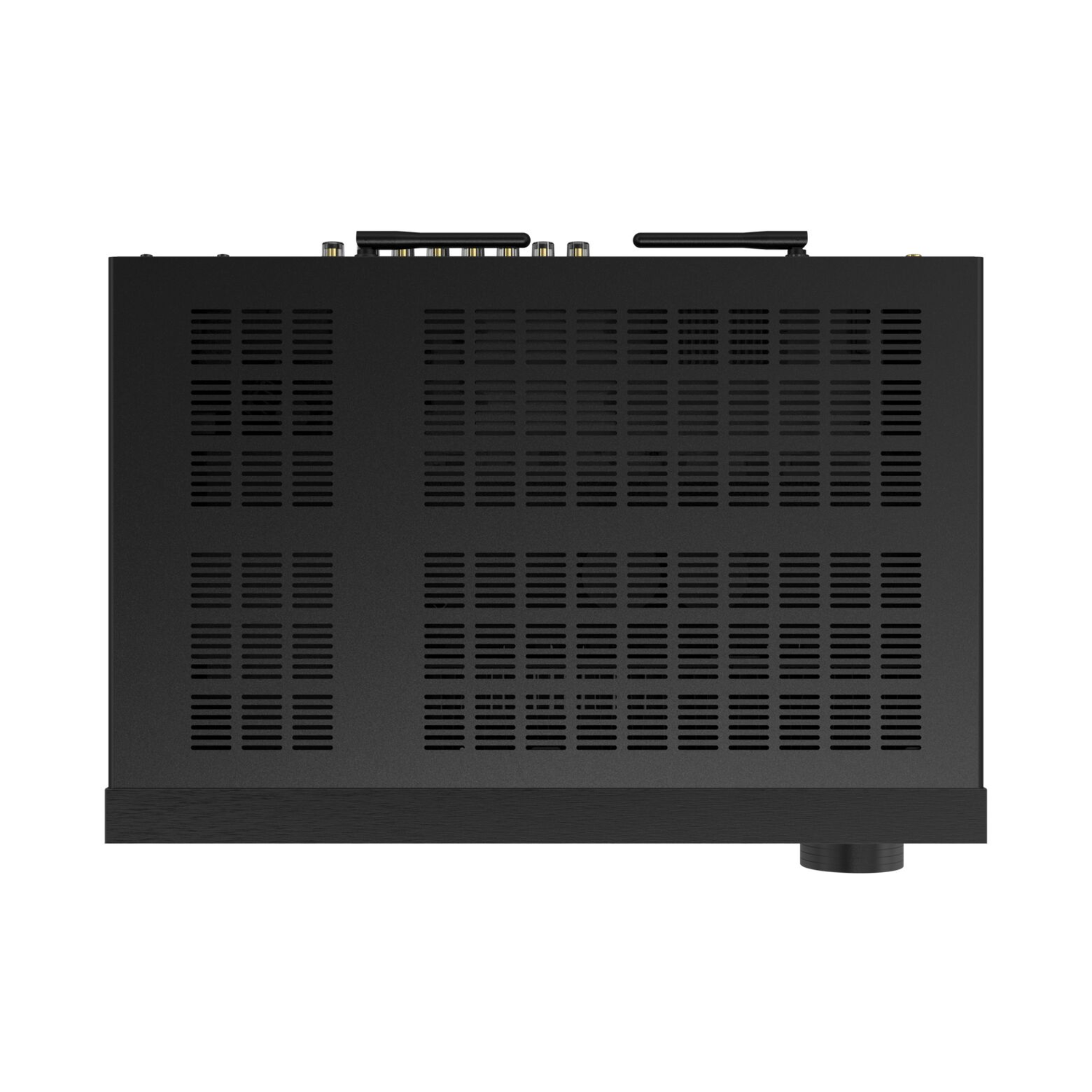 Top view of a black audio receiver. Features ventilation grilles, ports, and an antenna.