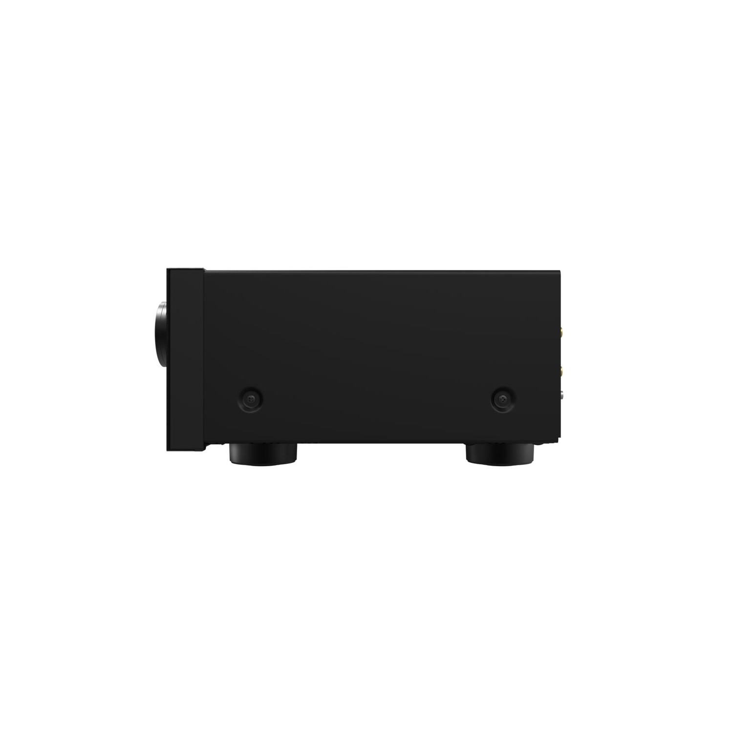 Black audio receiver from the side, with two feet, and a circular control knob.