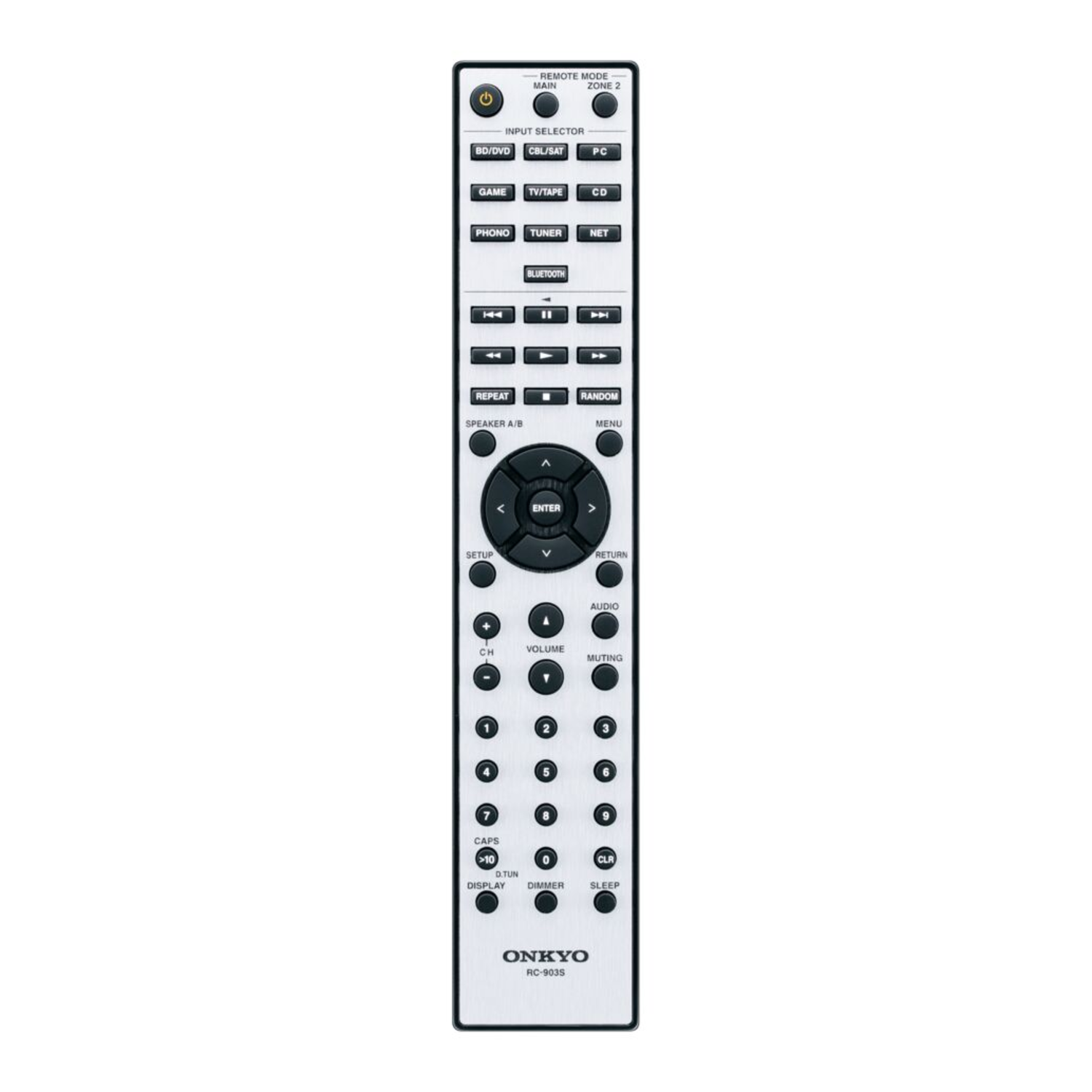 A silver remote control with many buttons is shown against a white background. The brand is Onkyo.