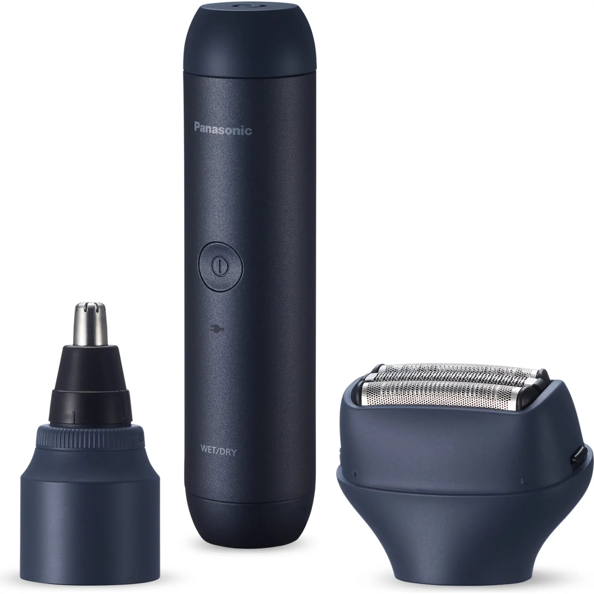 Granatowa maszynka do nosa i brody Panasonic z trzema nasadkami.