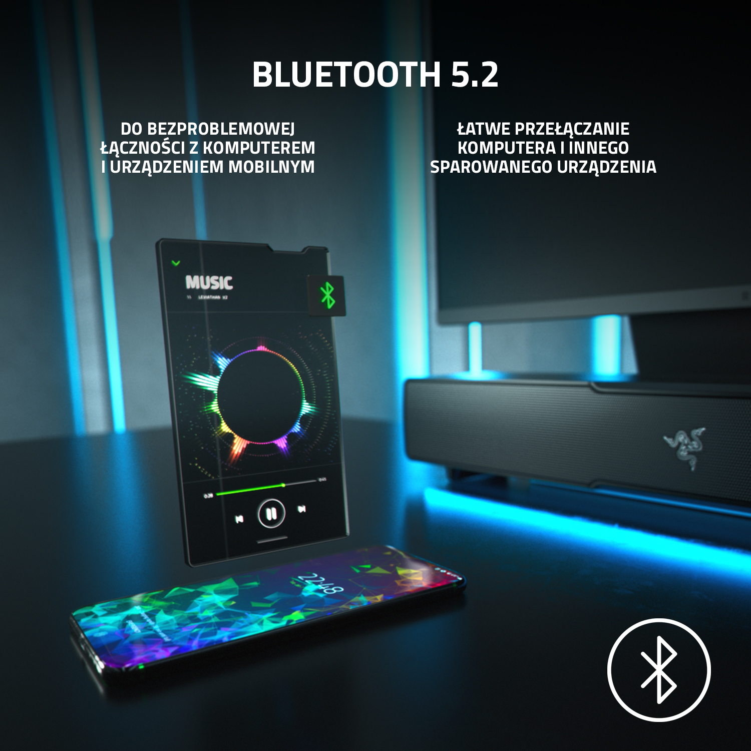 Telefon z aplikacją muzyczną i soundbarem. Pokazano połączenie Bluetooth.