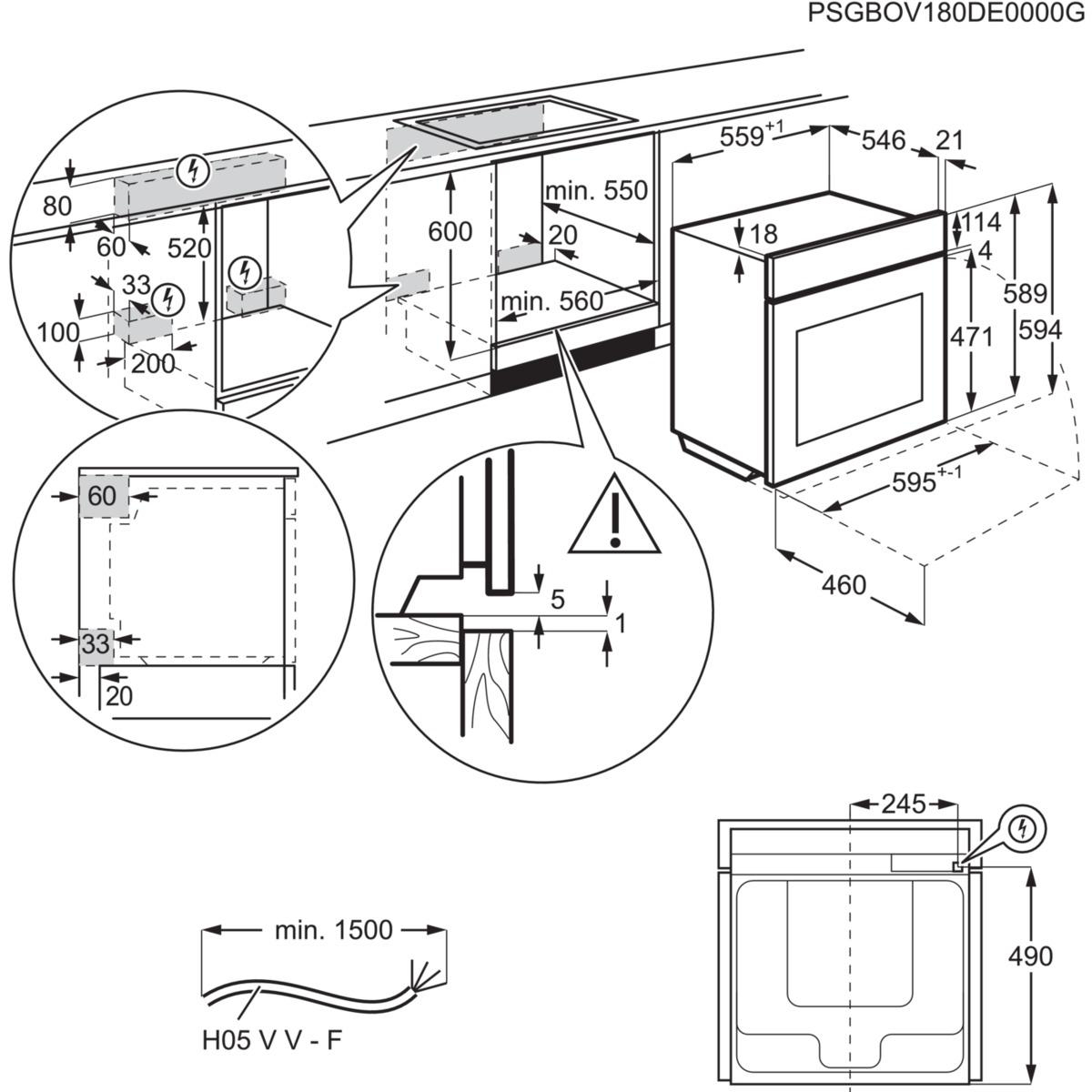 Diagramm eines Ofens, das Abmessungen und Installationsdetails zeigt.